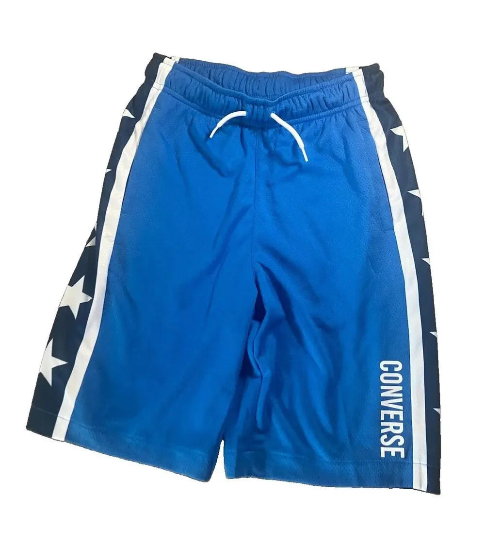 Converse Boys M Blue Mesh Polyester Athletic Shorts Drawstring Star Panels